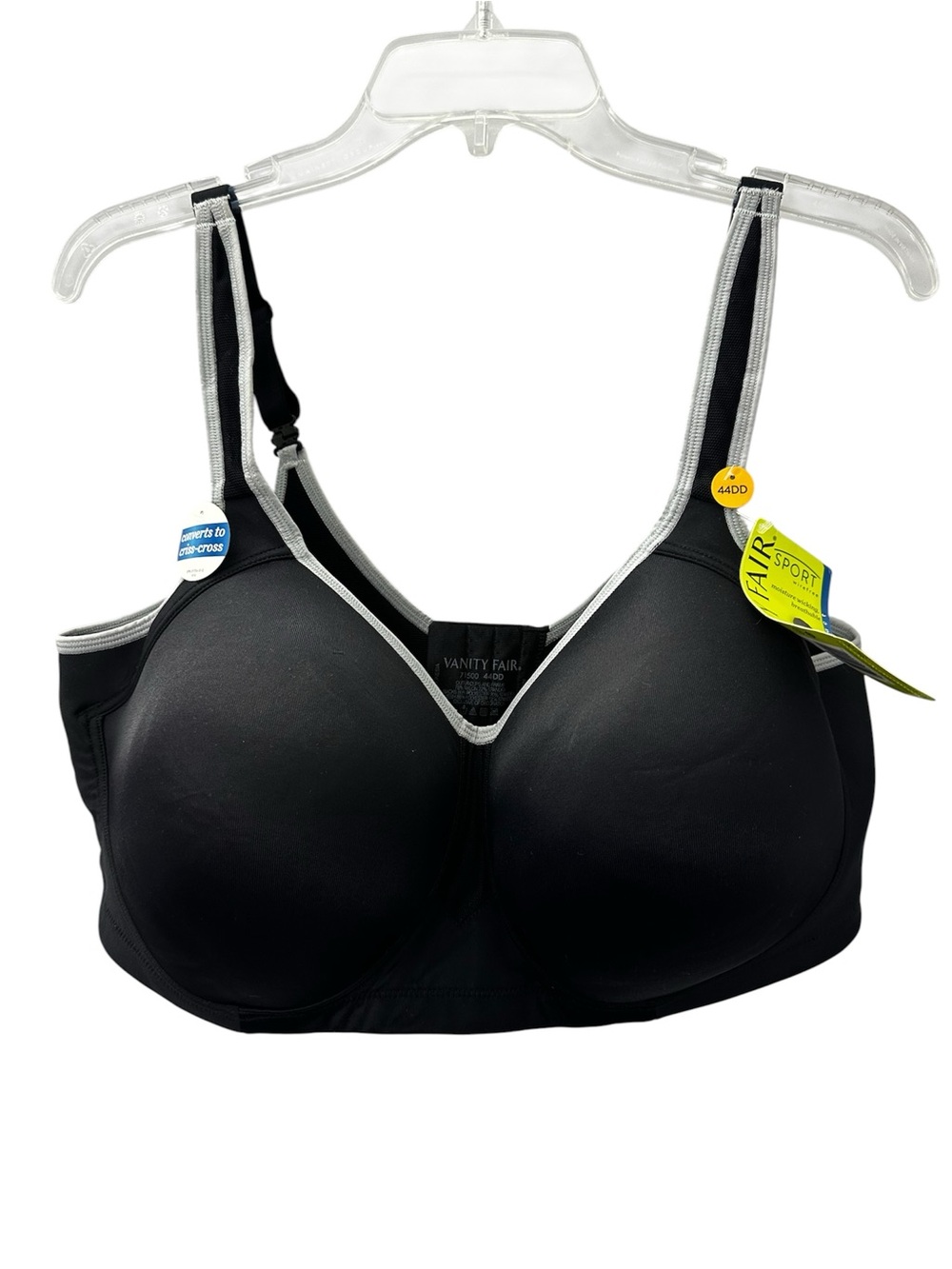 NWT Vanity Fair Sports Bra Wireless Medium Impact Black Gray Women’s Size 44DD